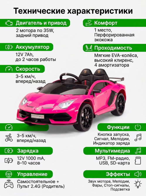 Детский электромобиль Lamborghini SVJ (розовый, 12V) - HL328