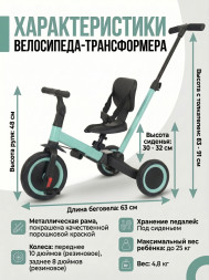 Детский беговел-велосипед 4в1 с родительской ручкой, зеленый - TR007-CYAN