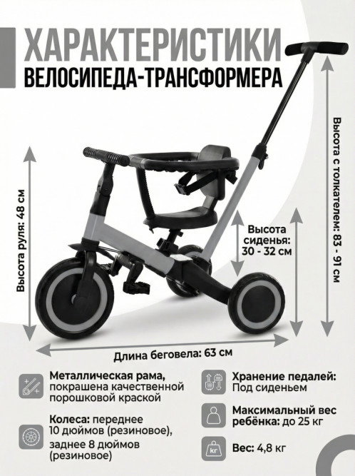 Детский беговел-велосипед 4в1 с родительской ручкой, серый - TR007-GREY