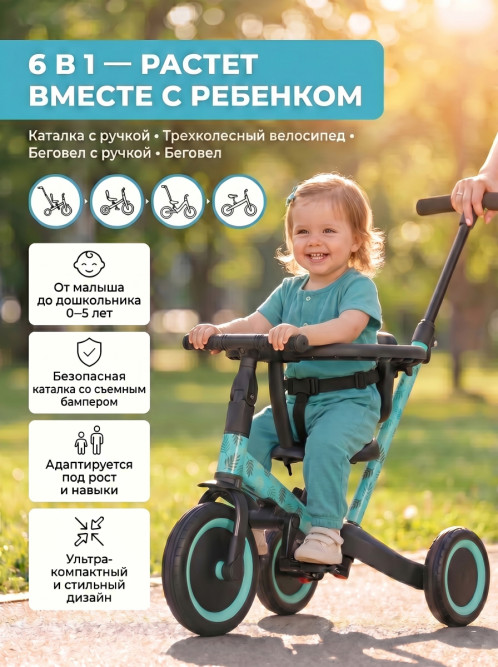 Детский беговел-велосипед 6в1 с родительской ручкой, зеленый с рисунком - TR008-CYAN-PAINT