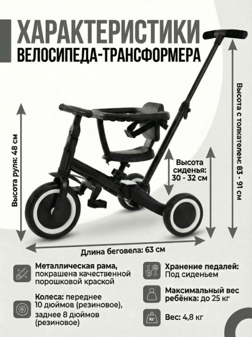 Детский беговел-велосипед 8в1 с крышей и ручкой, черный - TR008C-BLACK