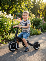 Детский беговел-велосипед 8в1 с крышей и ручкой, черный - TR008C-BLACK