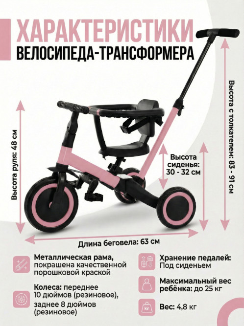 Детский беговел-велосипед 8в1 с крышей и ручкой, розовый - TR008C-PINK