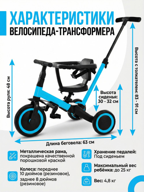 Детский беговел-велосипед 8в1 с крышей и ручкой, синий - TR008C-BLUE