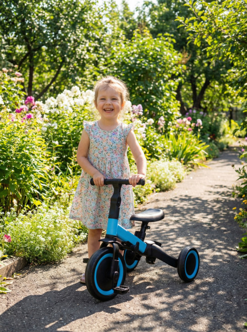 Детский беговел-велосипед 8в1 с крышей и ручкой, синий - TR008C-BLUE