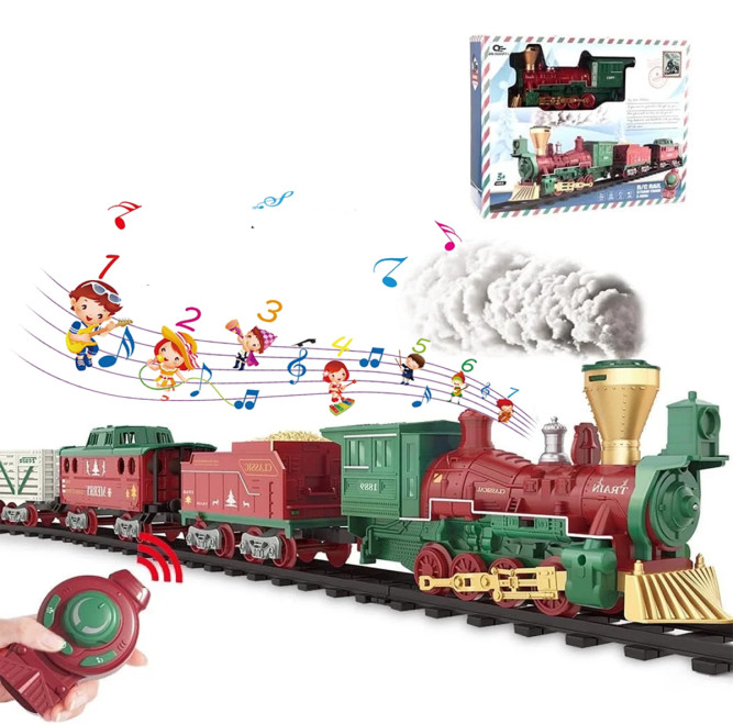 Железная дорога Новогодний поезд Fenfa (3 вагона, пар, пульт, свет, звук) - 1613F