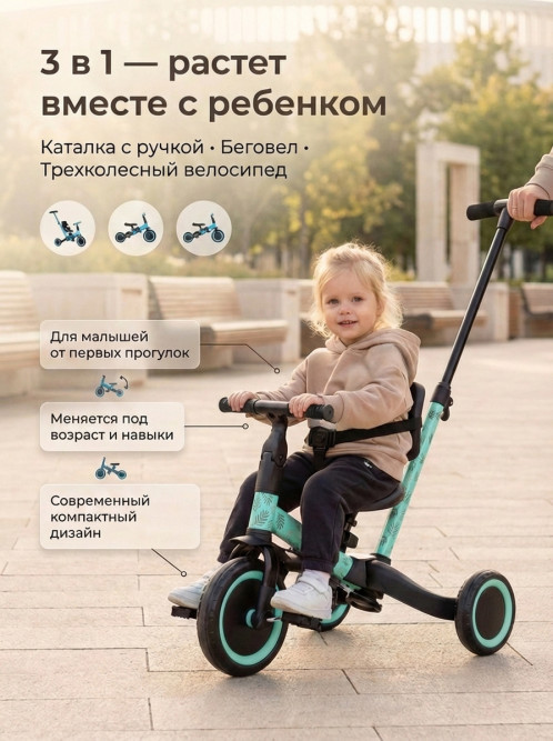 Детский беговел-велосипед 4в1 с родительской ручкой, зеленый с рисунком - TR007-CYAN-PAINT