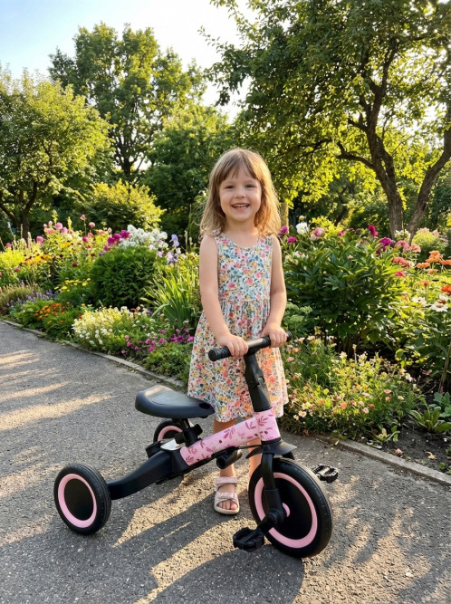 Детский беговел-велосипед 4в1 с родительской ручкой, розовый с рисунком - TR007-PINK-PAINT