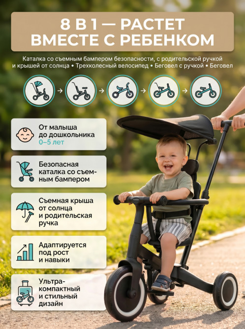 Детский беговел-велосипед 8в1 с крышей и ручкой, черный - TR010-BLACK