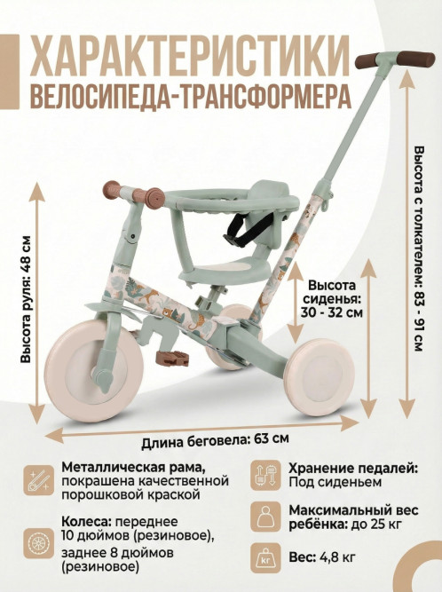 Детский беговел-велосипед 8в1 с крышей и ручкой, бежевый с рисунком - TR008C-BEIGE-PAINT