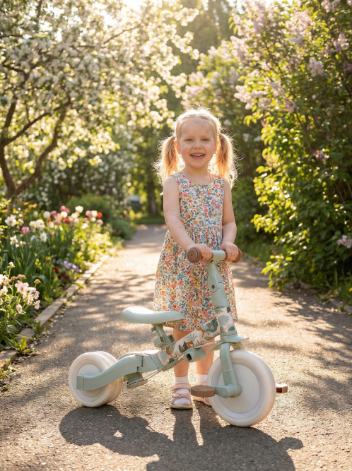 Детский беговел-велосипед 8в1 с крышей и ручкой, бежевый с рисунком - TR008C-BEIGE-PAINT