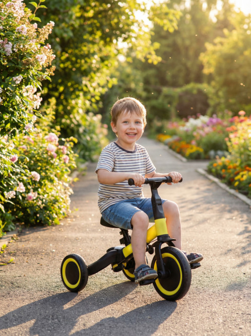 Детский беговел-велосипед 8в1 с крышей и ручкой, желтый - TR008C-YELLOW