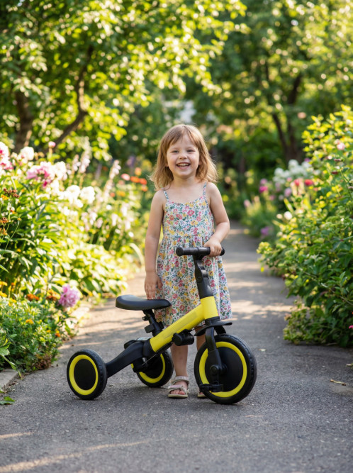 Детский беговел-велосипед 8в1 с крышей и ручкой, желтый - TR008C-YELLOW