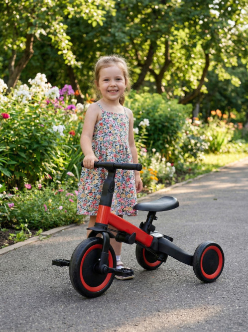 Детский беговел-велосипед 8в1 с крышей и ручкой, красный - TR008C-RED