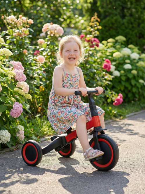 Детский беговел-велосипед 8в1 с крышей и ручкой, красный - TR008C-RED