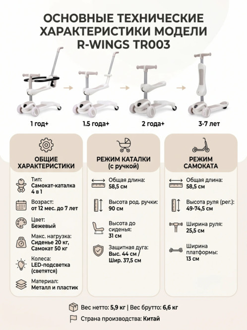 Детский самокат-каталка 4в1 - TR003-BEIGE