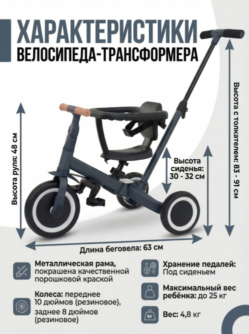 Детский беговел-велосипед 8в1 с крышей и ручкой, темно-серый - TR008C-DARK-GREY
