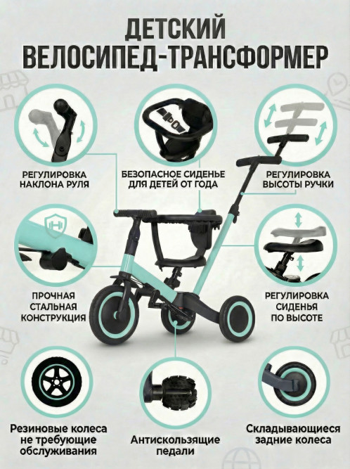 Детский беговел-велосипед 6в1 с родительской ручкой, зеленый - TR008-CYAN