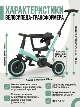 Детский беговел-велосипед 6в1 с родительской ручкой, зеленый - TR008-CYAN